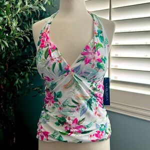 NWT La Blanca V-Neck Halter Tankini Swimsuit Top Size 12 Mystic Palms